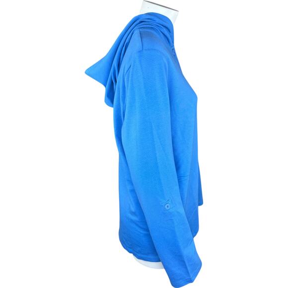 Denim & Co. Beach French Terry Roll Tab Sleeve Hooded Jacket Indigo Sea Medium - Picture 2 of 13